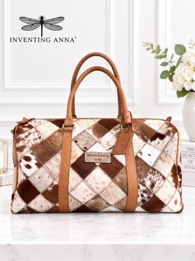 Boho Ranch Luxe Patchwork Cowhide Style Weekender Travel Bag